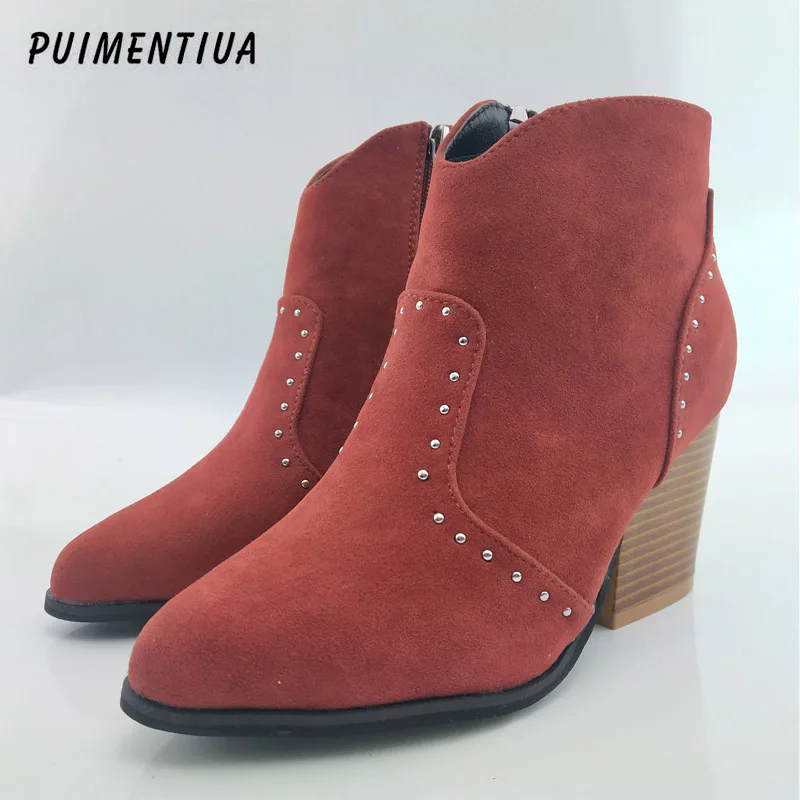 PUIMENTIUA/женские ботильоны; зимняя обувь из натуральной кожи без шнуровки; женские ботинки; женские повседневные ботинки из коровьей замши; Botas - Цвет: brown C
