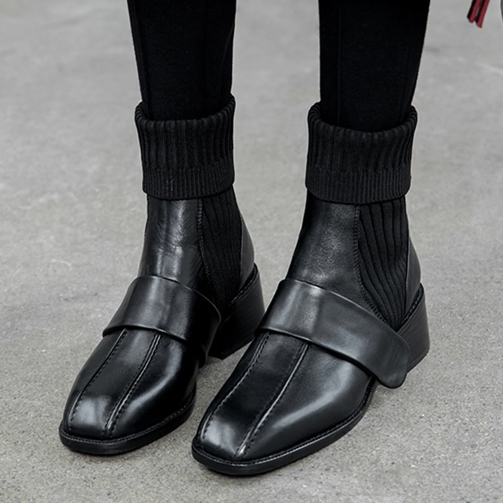 BONJOMARISA/осень-зима; фирменный дизайн; женские ботильоны из натуральной кожи; эластичная Женские ботильоны квадратный носок, женские Ботинки на каблуке средней высоты женская обувь на каблуках