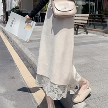 Kintted Skrit Женская кружевная юбка с высокой талией и заплатками, Женская юбка абрикосового цвета, Faldas Mujer Moda, зимние женские юбки