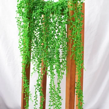

Spray Color Succulent Lover's Tears Plant Lamination Green Plant Wall with Wood Fake Buddhist Prayer Bead Chlorophytum Vine Mode