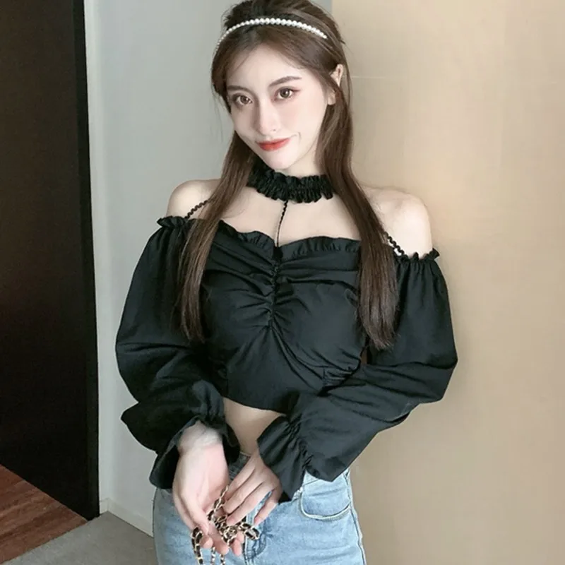 Korean Off Shoulder Blouse Women Fashion Solid Color Long Sleeve Blouses Exposed Navel Short Shirt