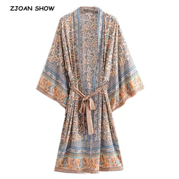 

Bohemian V neck Beige Orange Floral Print Long Kimono Shirt Ethnic New Lacing up Bow Long sleeve Cardigan Holiday Blouse Loose
