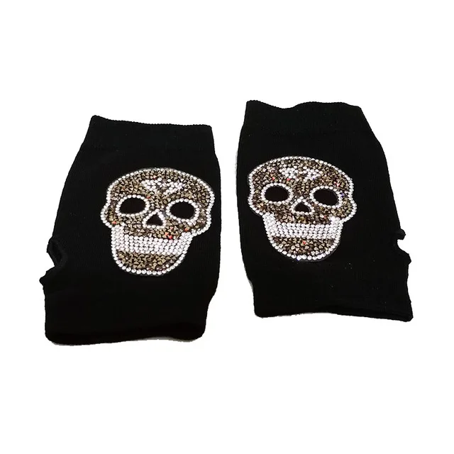 Short D Skull Женские зимние теплые перчатки с сенсорным экраном, черные вязаные перчатки с полупальцами для вождения, панк, Череп, стразы, короткие перчатки для хип-хопа, H82 - Цвет: Short D Skull