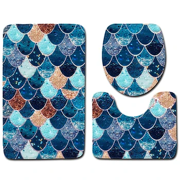 

3 Piece Bath Mat Carpet Set Non-Slip Fish Scale Bath Mat Bathroom Kitchen Carpet Door Mat Decoration Toilet Seat Cover Carpet Ca