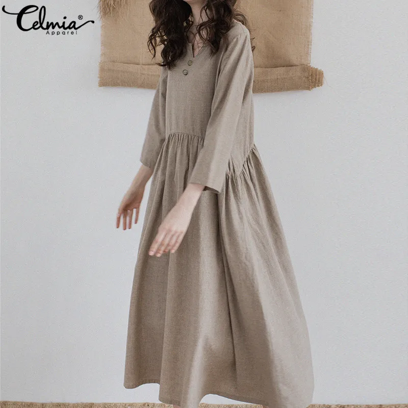 

Women's Shirt Dress 2019 Celmia Female Summer Beach Party Dresses Casual V neck 3/4 Sleeve Loose Pleated Midi Vestidos Plus Size