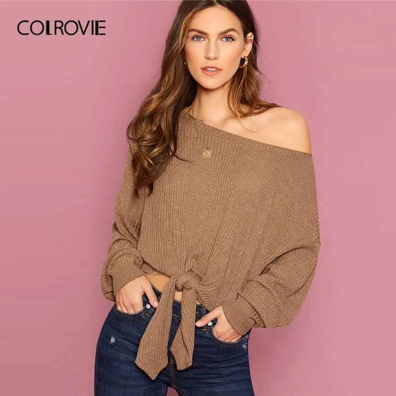 COLROVIE, ребристая трикотажная футболка с узлом, женская футболка с вырезом лодочкой, стильные футболки, Осенние повседневные пуловеры с рукавом Бишоп, сексуальные однотонные Топы