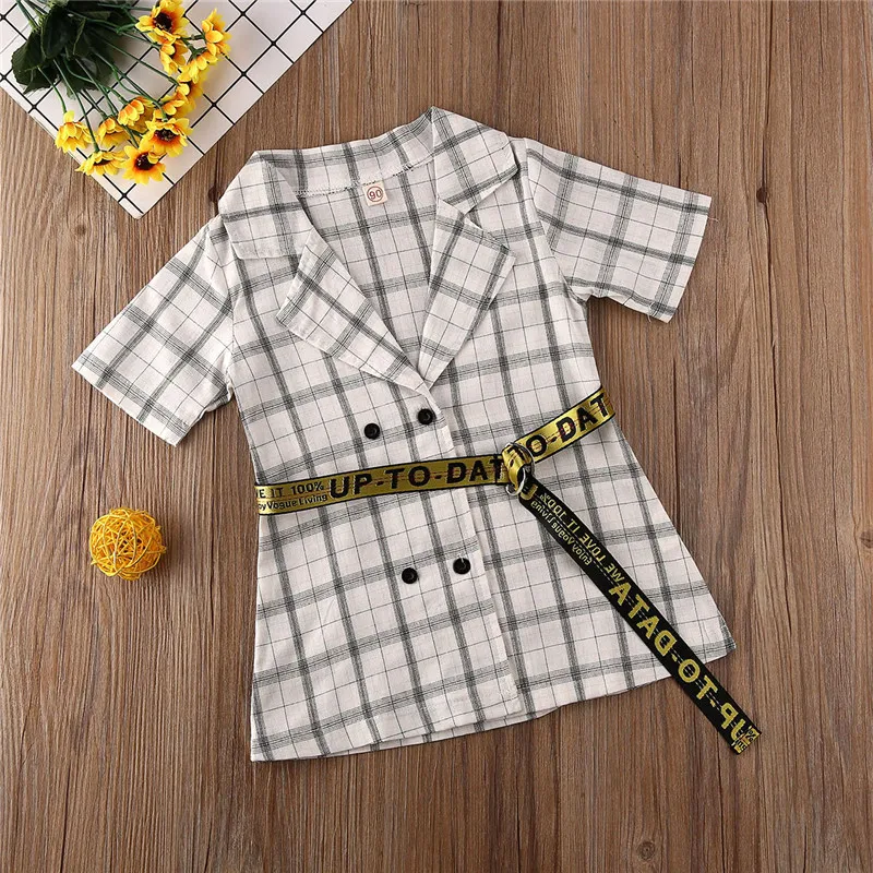 Newborn Kids Baby Girls White Plaid Blouses& Shirts Baby Girl New Style Top Plaid Shirt Dress Baby Girls Short Blouse Belt