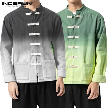 

INCERUN Autumn Men Gradient Stand Collar Long Sleeve Shirt Jackets Fashion Casual Joker Buckle Cotton Mens Blouse Streetwear