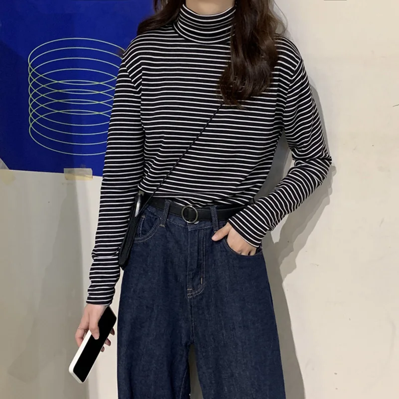 

Women's Black and White Stripes Turtleneck Casual Top Long Sleeve Loose Pullover T-shirt 2021 Srping New Fashion Korean Shirt