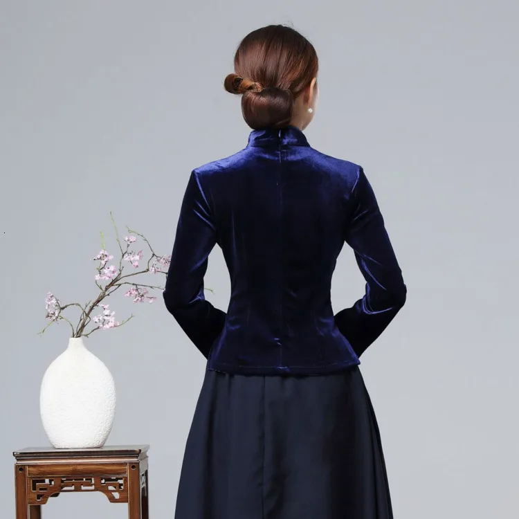 Hanfu рубашка с длинным рукавом фиолетовая блузка бархатная Блузка Зеленый костюм в китайском стиле мягкие Топы Ципао Camisa China Mujer