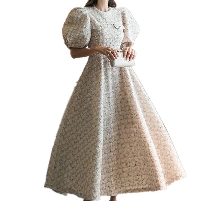 

Женское твидовое платье с пышными рукавами, винтажное длинное ТРАПЕЦИЕВИДНОЕ ПЛАТЬЕ во французском стиле с небольшим запахом и завышенной талией