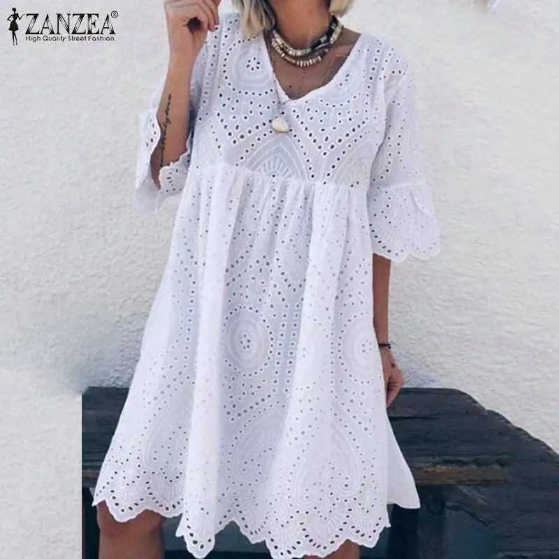 

ZANZEA Women Bohemian Lace Crochet Dress Summer Sundress Flare Sleeve Hollow Out Casual Solid Cotton Linen Vestido Party Dresses