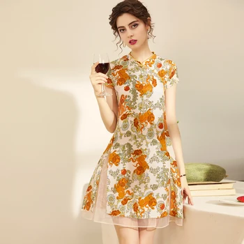 

100% Silk Women's Designer Dresses Stand Collar Short Sleeves Printed Vintage Short Summer Runway Dresses