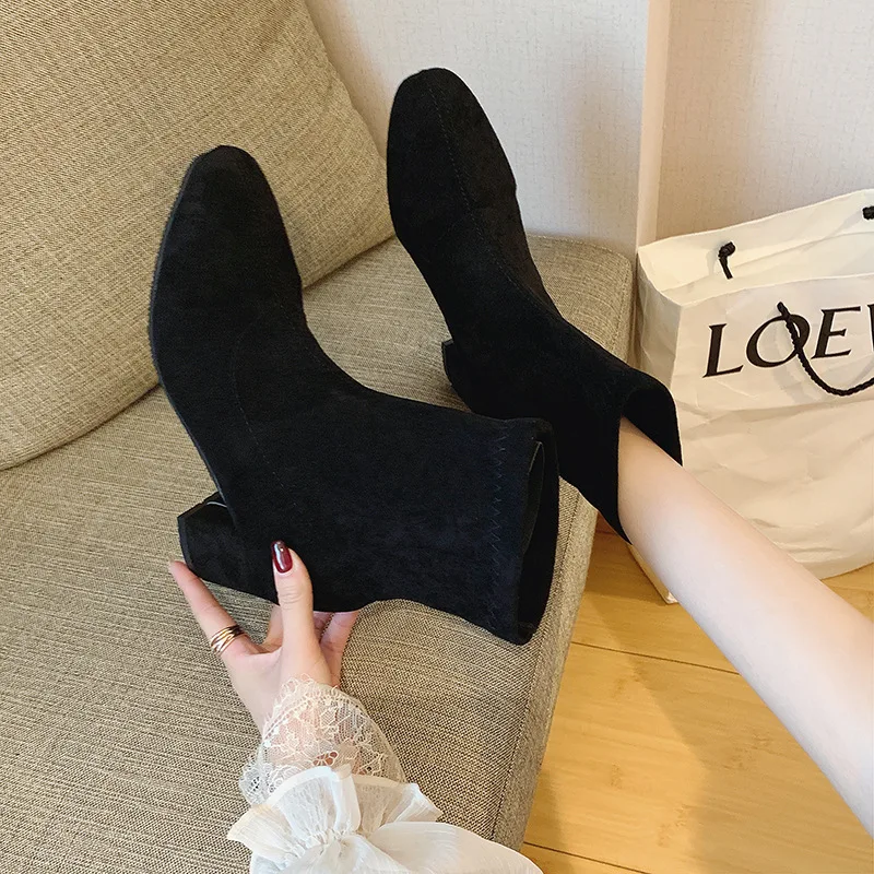 

Online Celebrity Thin Boots 2019 Spring And Autumn New Style Single Boots Versatile Block Heel Short Semi-high Heeled Bounce Soc