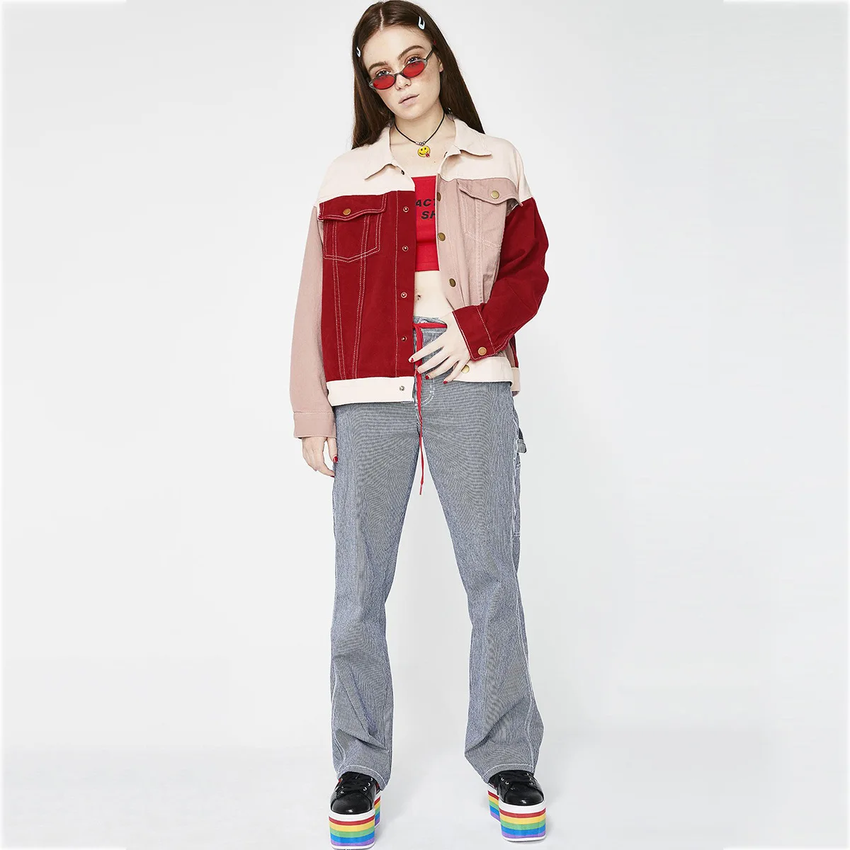 

Europe And America Fashion Simple INS Sweet GIRL'S College Style Red Pink Tone-on-Tone Joint Coat Hot Sales-