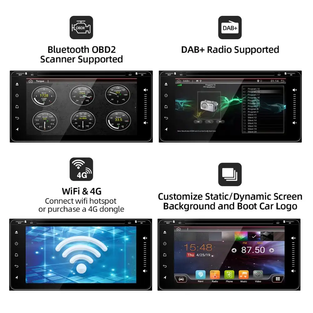Perfect 2 din android 9.0 px6 system for toyota 200*100mm 4g ram+64g rom with gps navi wifi bt steering wheel control dab obd usb camera 4