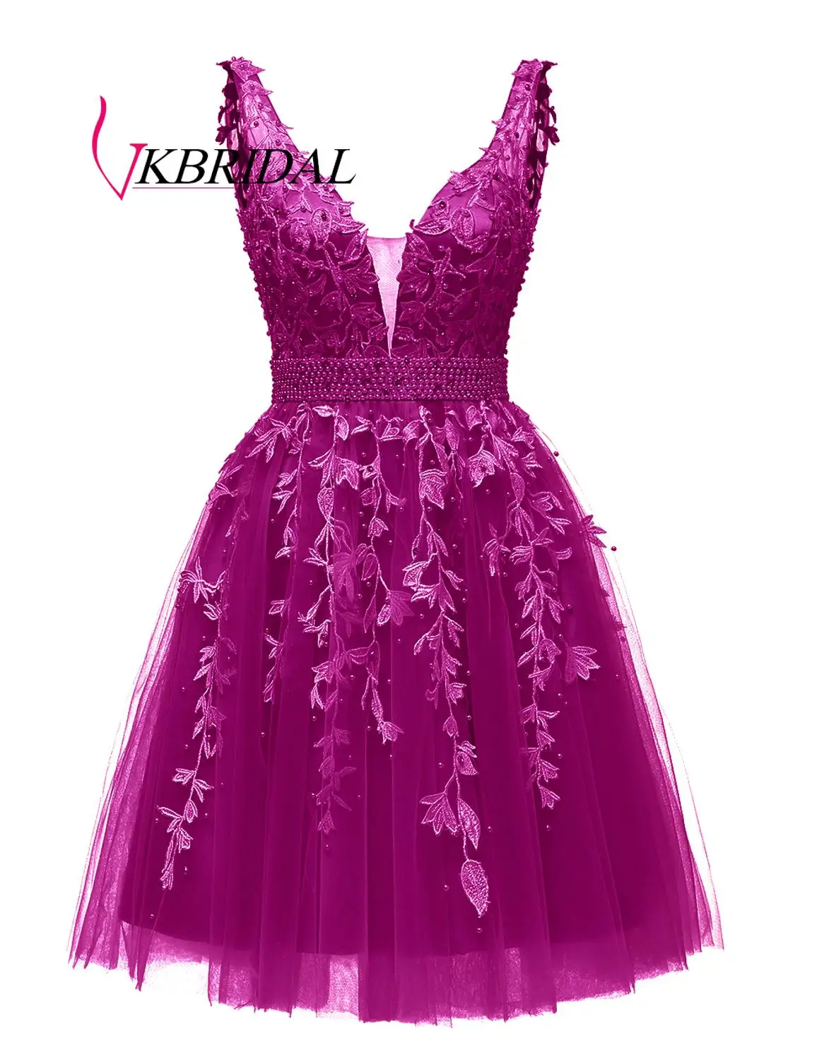 VKBRIDAL, короткие платья для выпускного вечера,, сексуальное, с глубоким v-образным вырезом, тюль, кружево, бисер, жемчуг, кристалл, vestidos de graduacion corto - Цвет: fuchsia