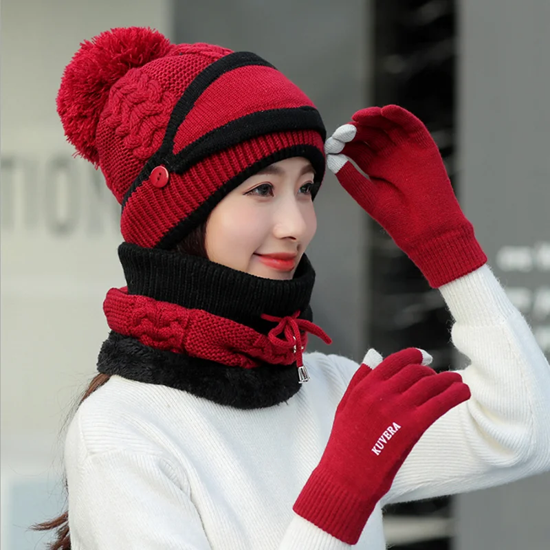 wine-glove hat set 1 шт., шапка, набор перчаток, повседневные шапочки для мужчин и женщин, теплая вязаная зимняя шапка, модная однотонная унисекс шапка бини, шапка - Цвет: wine-glove hat set