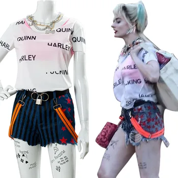 

Full Set Birds of Prey Harley Quinn Cosplay Costume T Shirt Shorts Belt Glove Necklace Tattoo Paste Vest Suit Halloween Carnival