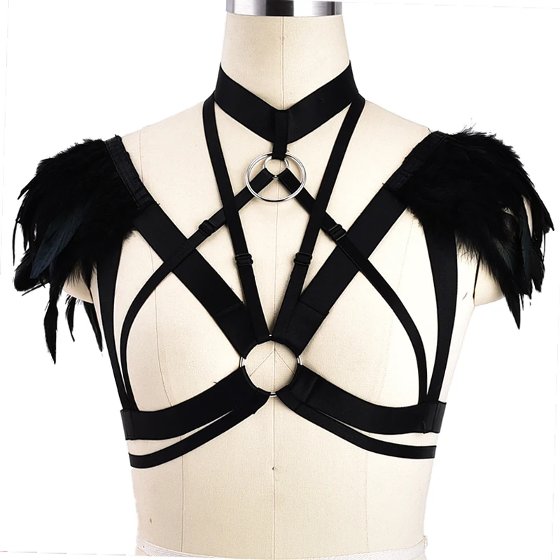 

Pastel Goth Wedding Wings Feather Bra Sexy Body Harness Epaulettes Feather Dress Fetish Festival Rave Wear Crop Top Body Cage