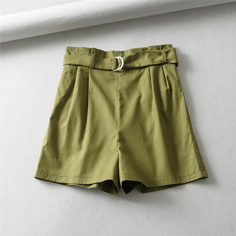 army green Женские шикарные однотонные шорты с поясом эластичные бумажные сумки с карманами на талии повседневные женские шорты panalones - Цвет: army green