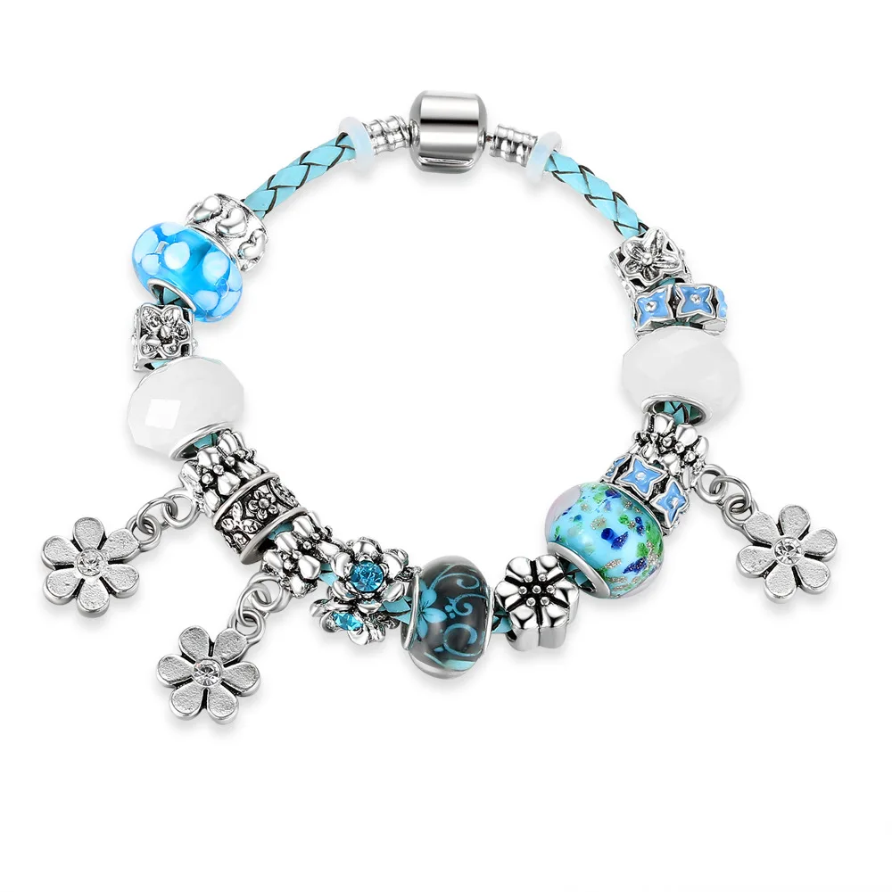

SCB78 Creative Diy Personality Crystal Bead Bracelet Female Leather Chain Lucky Grass Flowers