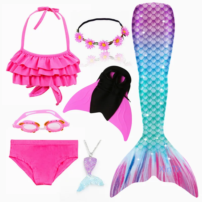 2020 NEW Arrival Rainbow Pink Mermaid Tail Swimsuit with Fin for Kids Girls Holiday Dress Costume