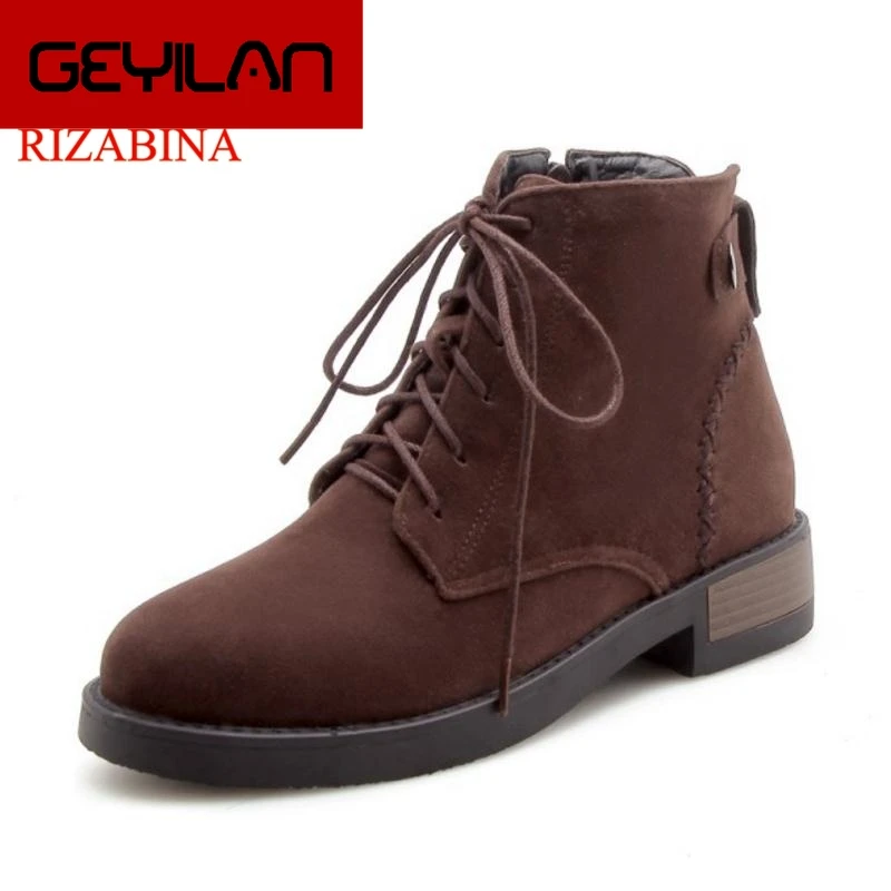

Women Ankle Boots Winter Zipper Plush Fur Warm Shoes Woman British Style Round Toe Lace Up Flats Boots Size 33-43
