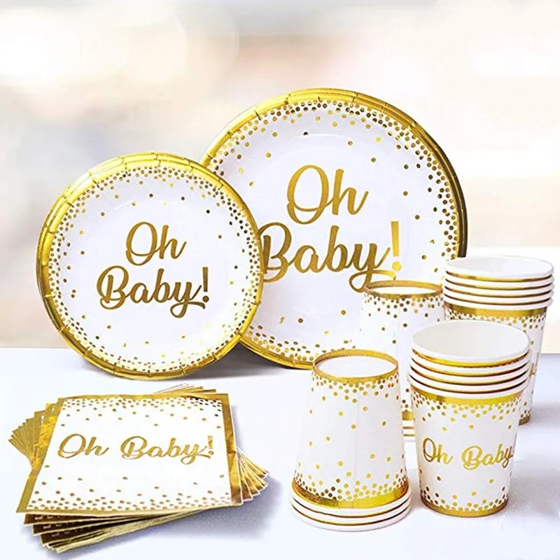 Золотой детский душ Декор Oh Baby печатных одноразовая посуда набор бумажная тарелка/чашки/баннер/салфетки пол раскрыть вечерние принадлежности