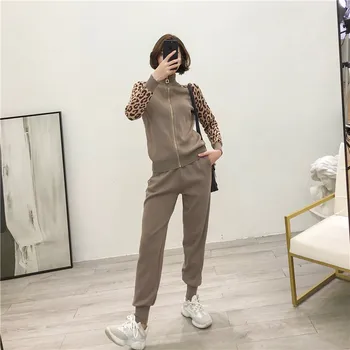 

Women Tracksuits New 2019 Spring Knitted Two Piece Sets Slim Zipper Cardigans Jacket + Long Pants Suits Woman Leopard Sportsuits