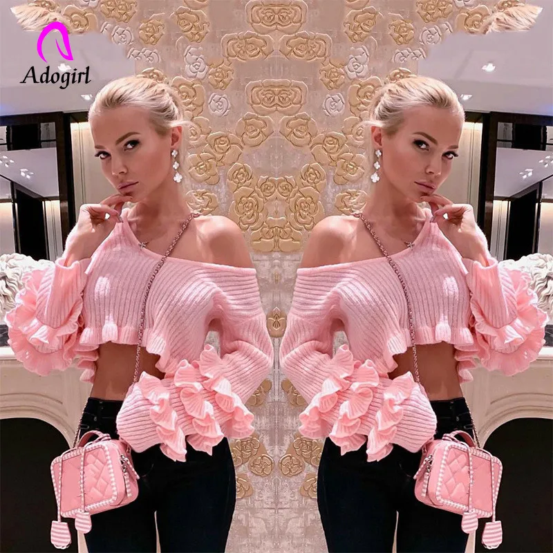 Adogirl с открытыми плечами сексуальный эластичный вязаный пуловер женский с оборками длинный рукав вязаный свитер женский джемпер пуловер трикотажная рубашка