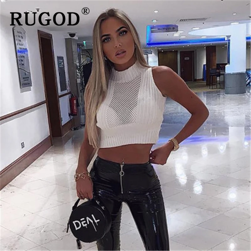 RUGOD модные однотонные белые открытые женские топы Eelgant без рукавов Короткие укороченные топы женские корейские летние сексуальные трикотажные топы
