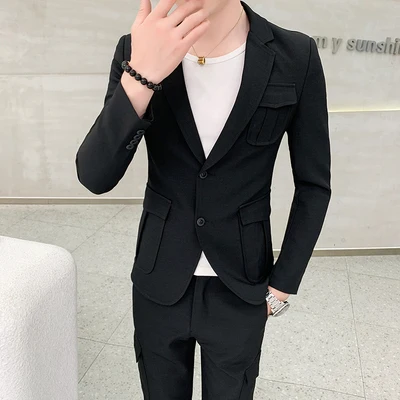 summer men's fashion slim solid color long-sleeved small suit suit tide male hair stylist nightclub handsome groom suit