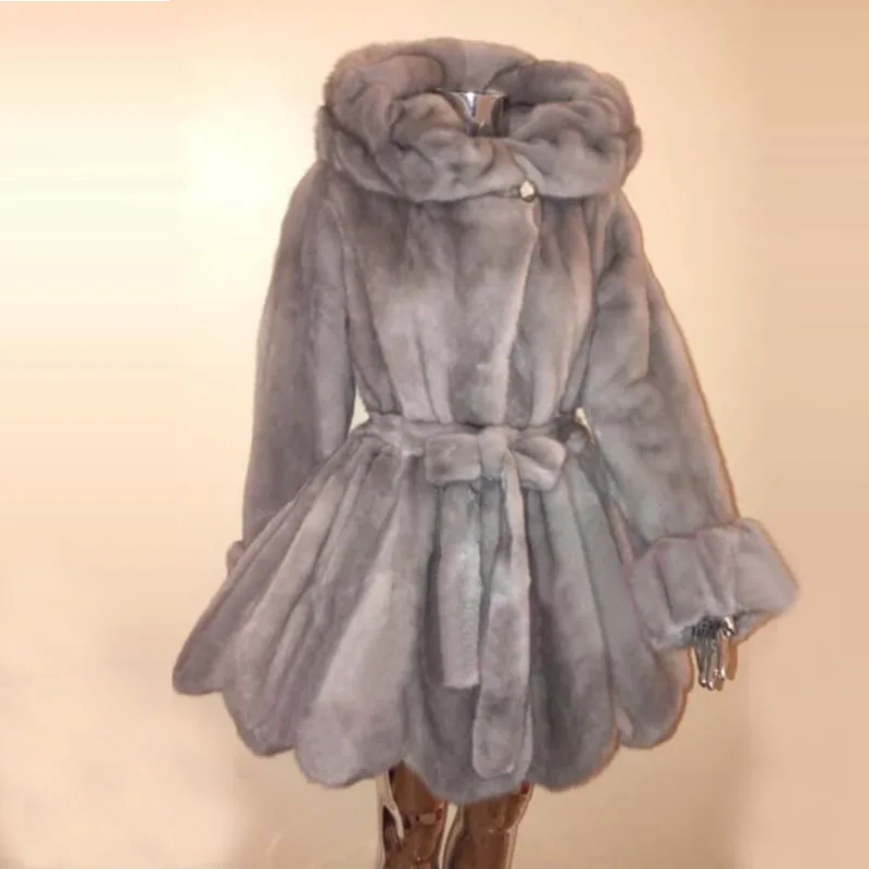 80cm long Fashion Mink Fur Coats For Women Real Fur Jackets Slim Overcoats Warm Stand Collar Nature Mink Capped Winter Tops MKW-228 - Цвет: 80cm long