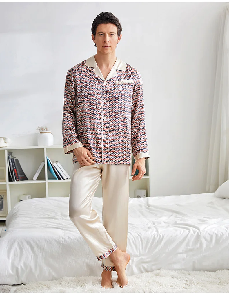 CAVME, пижамные комплекты из чистого шелка для мужчин, 2 штуки, длинные штаны, одежда для сна, домашняя одежда для мужчин, роскошный подарок для отца размера плюс - Цвет: CAVME 1