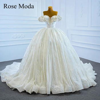 شراءRose Moda فستان زفاف فاخر مكشوف الأكتاف متألق من الدانتيل مع قطار طويل الأميرة الكرة ثوب مخصص