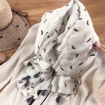

2020 new spring autumn cotton hemp women's scarf sunscreen and sunshade shawl in summer white feather printed scarf head scarf