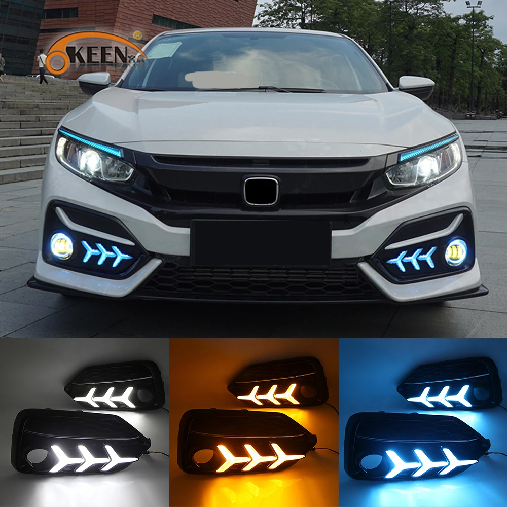 Okeen 2個車のled昼間ホンダシビック19 ハッチバックホワイトデーライト黄色ターンシグナル光フォグランプ Aliexpress