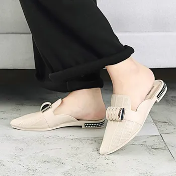 

New Metal Pointed Toe Half Women Sandals Flat Heel Fashionable Wild Wearable Comfortable Female Mules Shoes Jelly Footwear