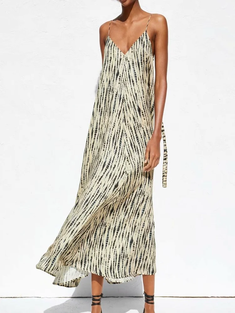 

Ladies tie-dyed Suspender Dress A-Line Mid-calf Loose Beach Style High Quatily Fashion the back with Bow