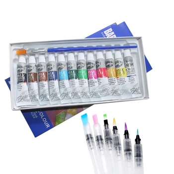 

2 Set Art Supplies: 1 Set 6 ML 12 Colors Professional Acrylic Paints Set & 1 Set Watercolor Painting Brushes
