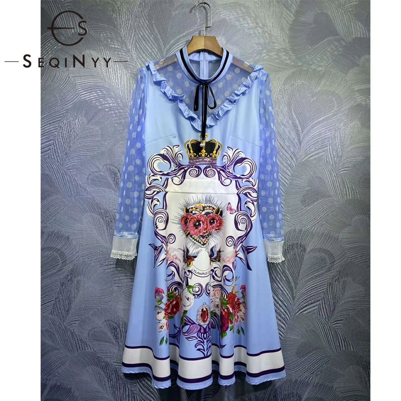 

SEQINYY Blue Dress 2020 Summer Spring New Fashion Design Women Long Sleeve Mesh Lace Vintage Flowers Print Dress Knee Runway