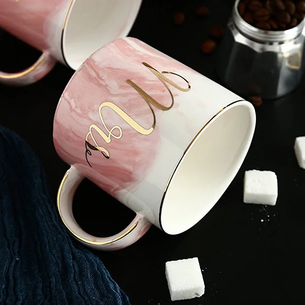 Marble Ceramic Mugs Gold Plating Couple Lover's Gift Morning Mug Milk Coffee Tea Breakfast Creative Porcelain Cup Pink(straight