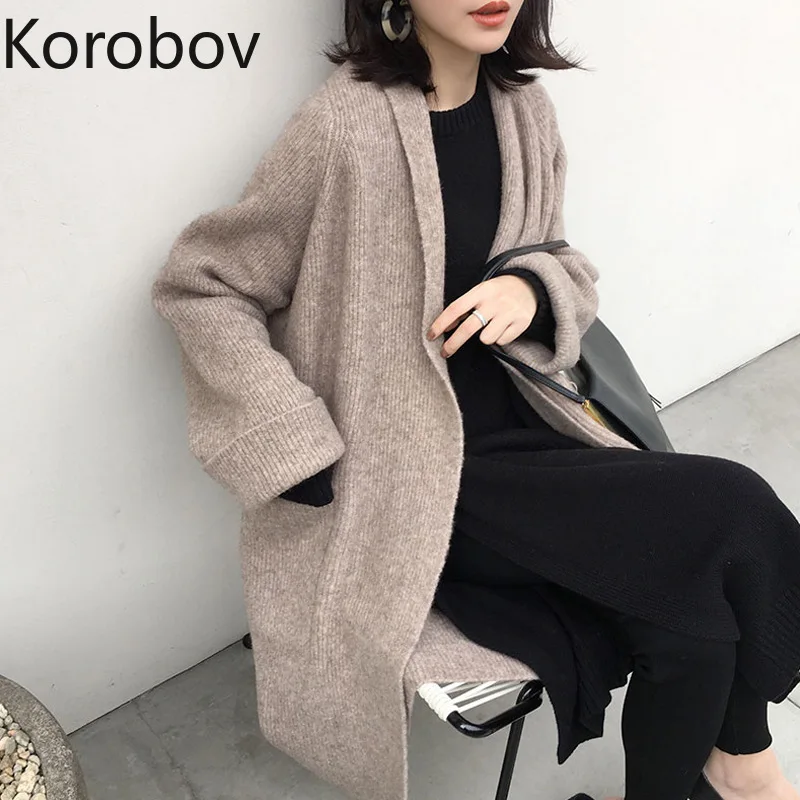 Korobov/осенне-зимний модный длинный женский кардиган в Корейском стиле, вязаная верхняя одежда, пояс, шнуровка, кардиганы, карманы, теплый свитер 78726