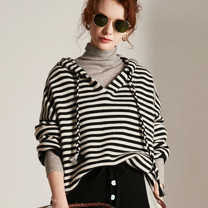  women's black white striped cashmere sweaters pullover long sleeve plus size loose Female hooded kn