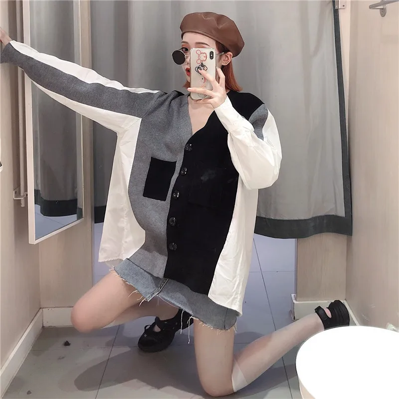 Женский кардиган harajuku, вязаный свитер в стиле пэчворк, однобортный вязаный жакет с карманами, женская вязаная одежда больших размеров