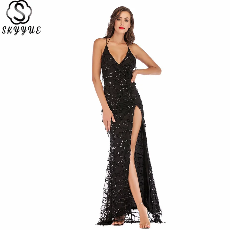 

Skyyue Evening Dresses Sleeveless Spaghetti Strap V-Neck Robe De Soiree YM020 Sequined Backless Custom Color Dress Woman Party