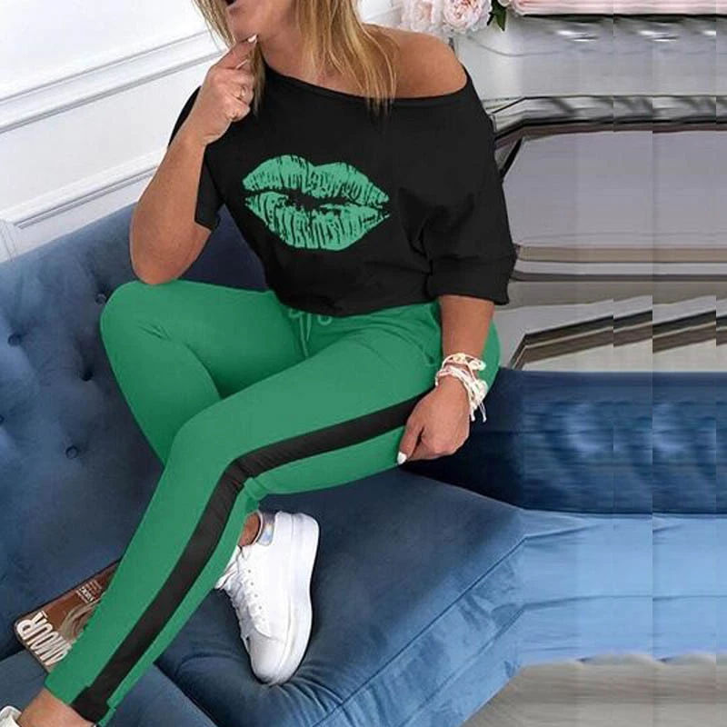 Plus Size 2 Piece Set Top And Pants Femme Clothes Elastic Waist Long Tracksuit Women Two Boat Anchor Print |