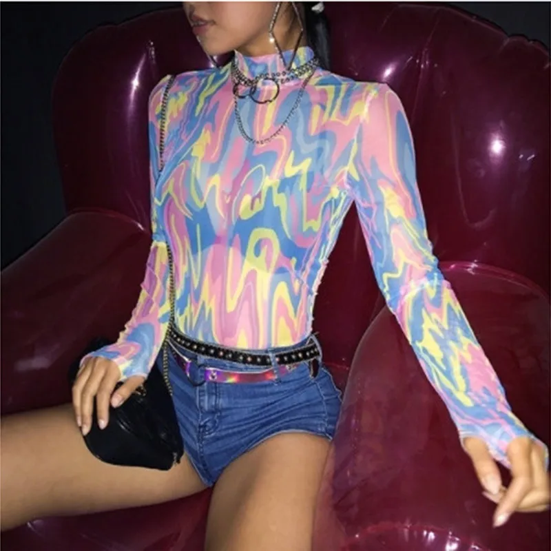 Женский Асимметричный костюм яркий сетчатый комбинезон с длинными рукавами