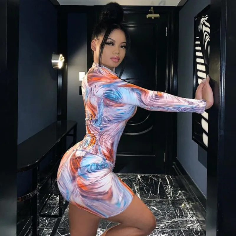 2020 Long Sleeve Print Colorful Sexy Mini Dress  Spring Women  Fashion Streetwear Outfits Bodycon Stretchy Club Casual Clothes